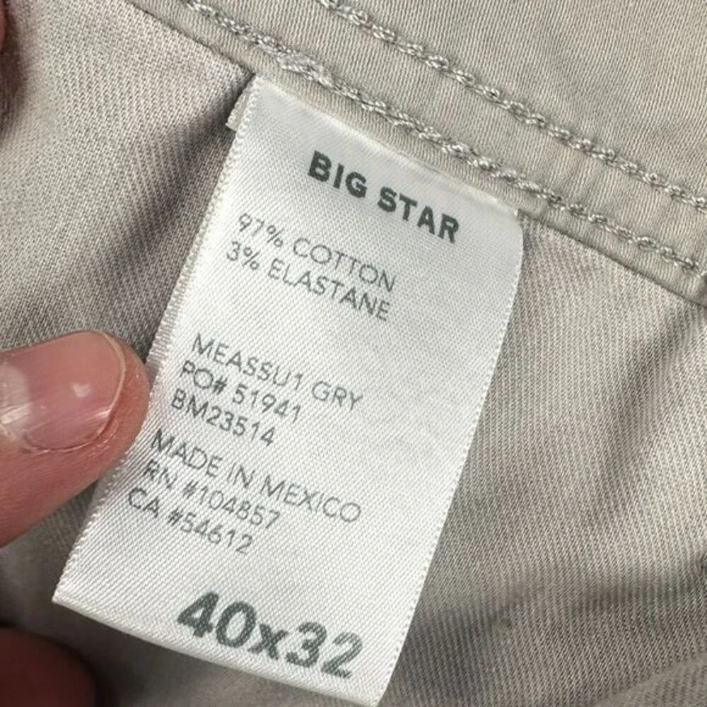 Big Star Khaki Pants Mens 40X32 Gray B Type 3 Flat Front Casual Stretch 5 Pocket